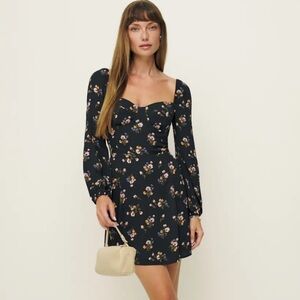 Reformation Black Floral Long Sleeve Dress